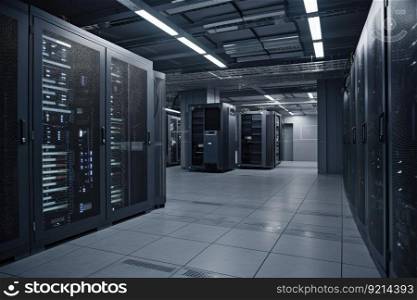 storage data center filled with racks of servers and other electronic equipment, created with generative ai. storage data center filled with racks of servers and other electronic equipment