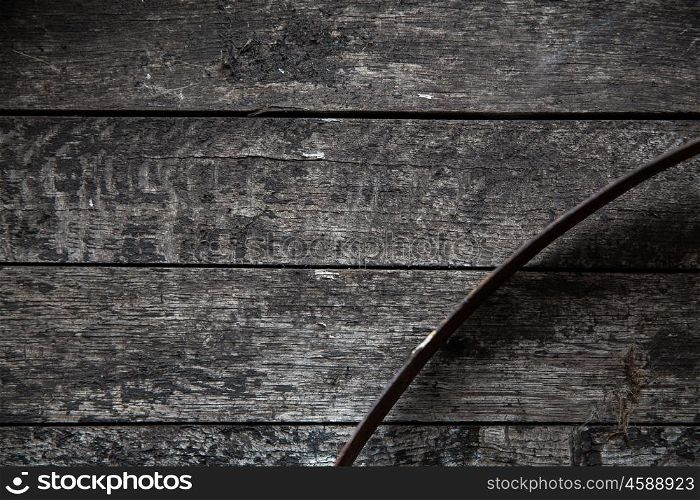 storage, winery, container and object concept - close up of old wooden barrel with hoop or vintage board