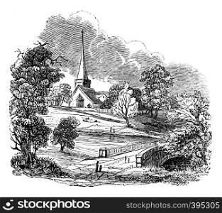 Stored church, village or remained the poet Gray, vintage engraved illustration. Colorful History of England, 1837.