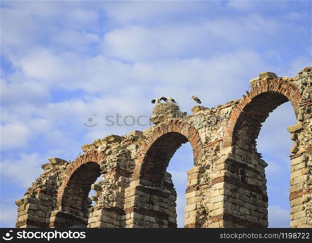 Stork nest on top of an aqueduct of origin of the Roman Hispanic era, located southwest of Spain