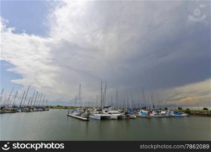 Storm approaching over the marina at Scarborough, Queensland, Australia
