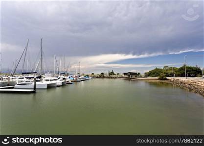 Storm approaching over the marina at Scarborough, Queensland, Australia