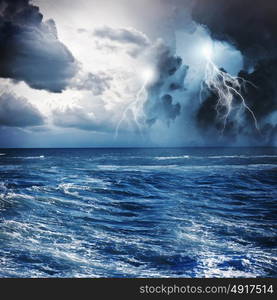 Storm at night. Image of dark night with lightning above stormy sea