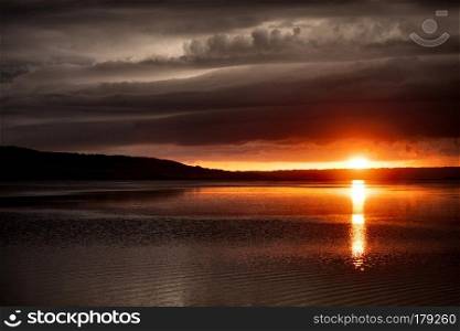 Storm Clouds Saskatchewan Sunset Reflection Saskatchewan Lake orange