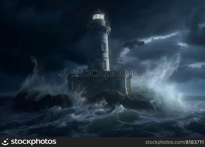 Storm night lighthouse spotlight. Nature stormy. Ge≠rate Ai. Storm night lighthouse spotlight. Ge≠rate Ai