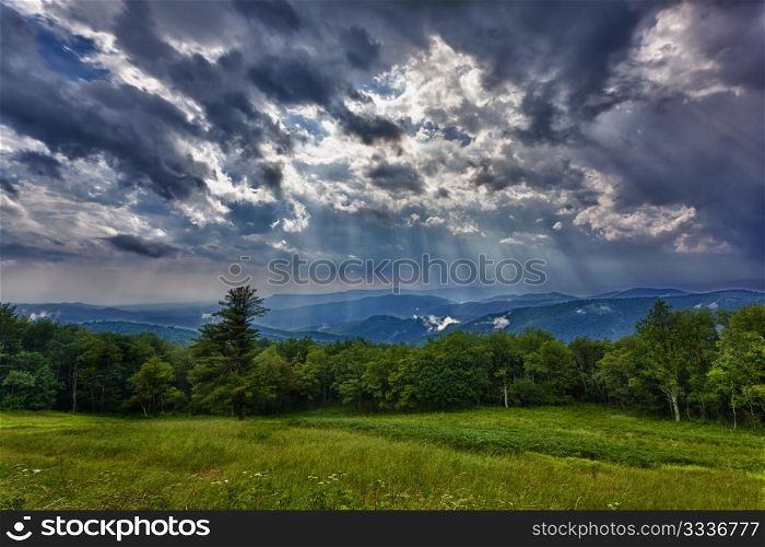 Storm sweeps over Shenandoah Valley from Skyline Drive in the Blue Ridge Mountains of Virginia