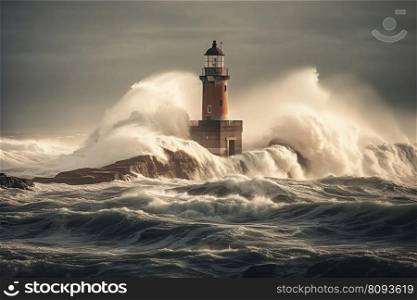  Storm with big waves over the lighthouse at the ocean created by generative AI