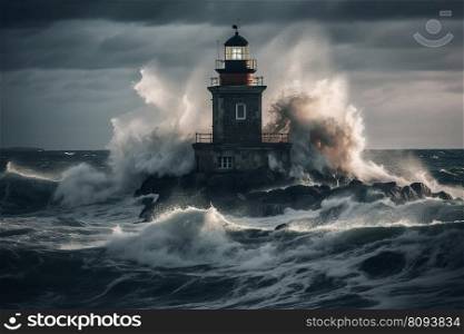  Storm with big waves over the lighthouse at the ocean created by generative AI