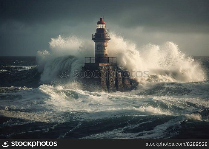  Storm with big waves over the lighthouse at the ocean created by≥≠rative AI