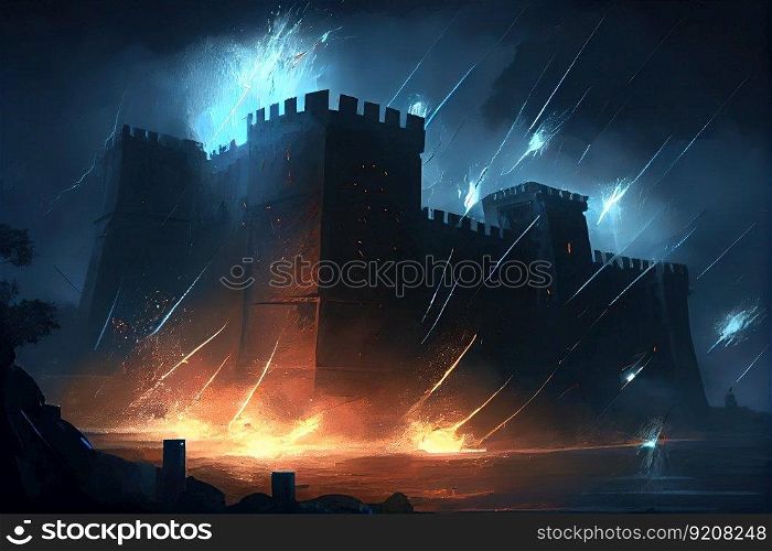 storming a fortress at night, with fire arrows raining down on the battlements, created with generative ai. storming a fortress at night, with fire arrows raining down on the battlements