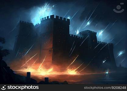 storming a fortress at night, with fire arrows raining down on the battlements, created with generative ai. storming a fortress at night, with fire arrows raining down on the battlements