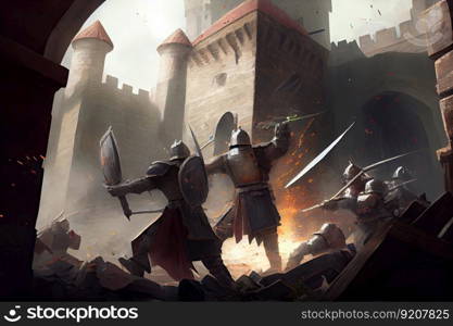 storming a medieval castle, with the attackers scaling its walls and fighting hand-to-hand, created with generative ai. storming a medieval castle, with the attackers scaling its walls and fighting hand-to-hand