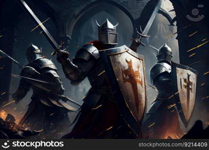 storming a medieval fortress with swords and shields, ready to fight, created with generative ai. storming a medieval fortress with swords and shields, ready to fight