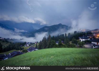 Stormy and rainy alpine mountains hills, Italian Dolomites