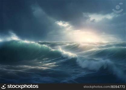 Stormy blue ocean wave. Foam surface. Generate Ai. Stormy blue ocean wave. Generate Ai