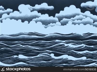 Stormy deep sea waves and low clouds sky horizon. Generative AI illustration in vintage etching style and blue tint.