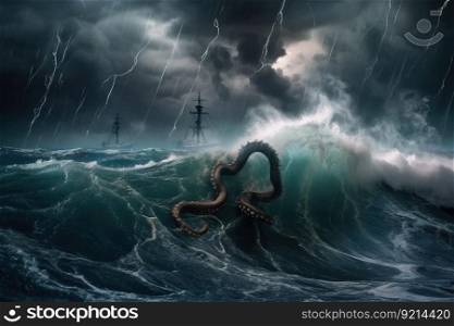 stormy ocean with kraken emerging from the depths, lightning striking in the background, created with generative ai. stormy ocean with kraken emerging from the depths, lightning striking in the background