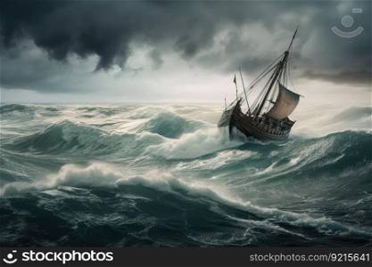 stormy ocean with viking ship battling waves and wind, created with generative ai. stormy ocean with viking ship battling waves and wind