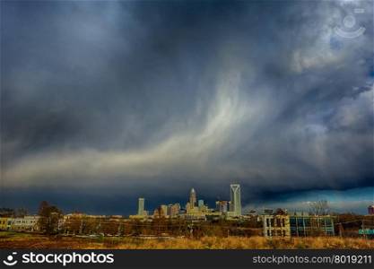 stormy rain clouds over charlotte north carolina skyline