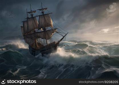 stormy seas, with pirate ship sailing through choppy waves, created with generative ai. stormy seas, with pirate ship sailing through choppy waves