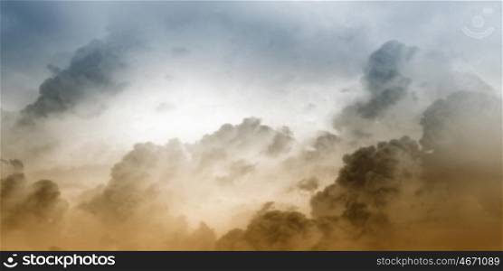 Stormy sky. Background image of cloudy sky with lightning and rain