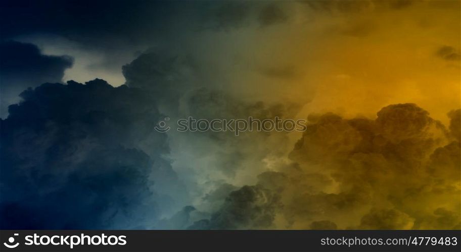Stormy sky. Background image of cloudy sky with lightning and rain