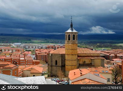 Stormy weather in the city, cloudy sky in summer.