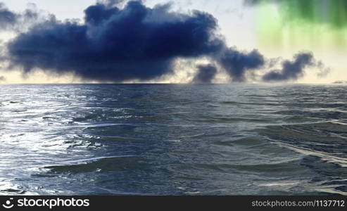 Stormy weather on the ocean with Northern lights