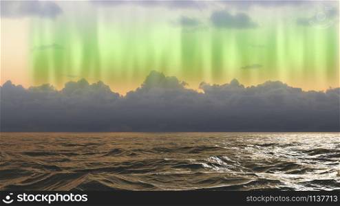 Stormy weather on the ocean with Northern lights in the Atlantic Ocean