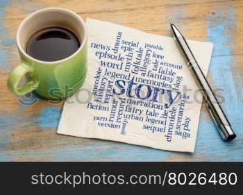 story, legend and myth word cloud - handwriting on a napkin with a cup of coffee