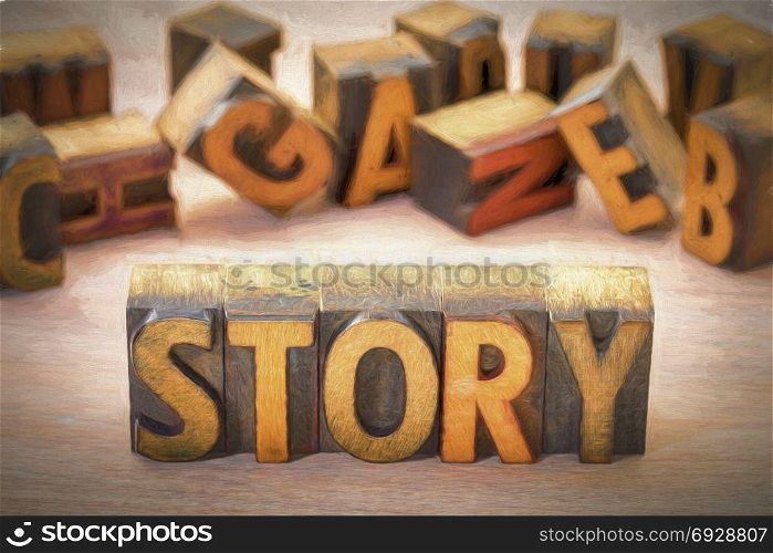 story word abstract in vintage letterpress wood type blocks with a digital painting filter applied