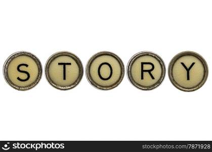 story word in old round typewriter keys isolated on white