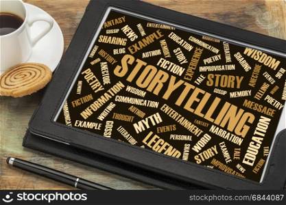 storytelling and story word cloud on digital tablet. storytelling word cloud on a digital tablet with a cup of coffee