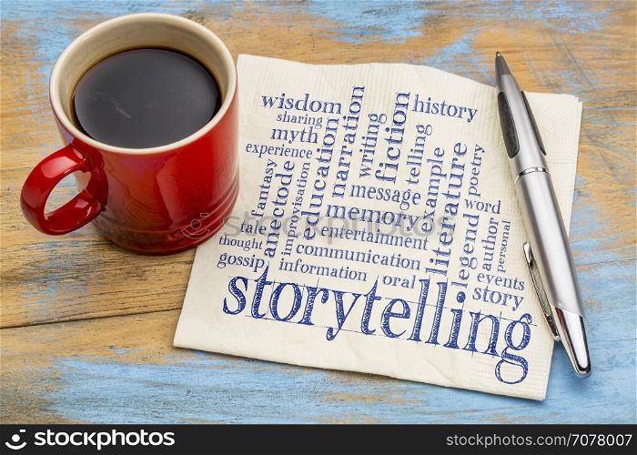 storytelling word cloud - handwriting on a napkin with a cup of coffee
