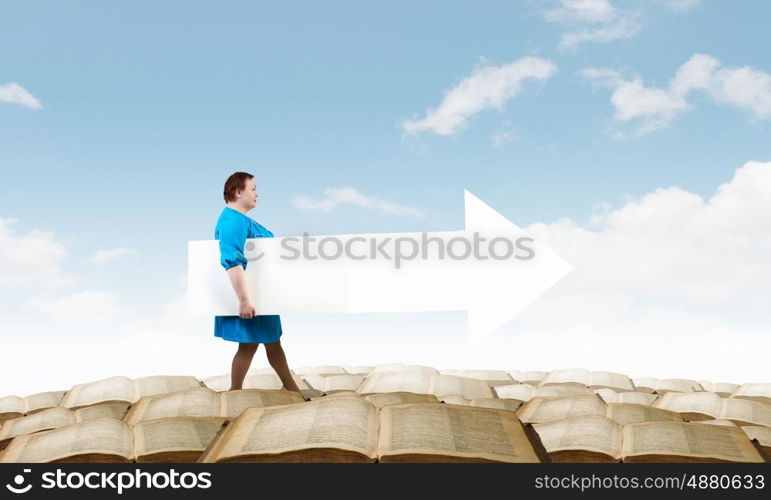 Stout woman with banner. Stout woman of middle age with blank white arrow banner