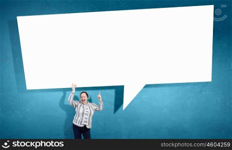 Stout woman with banner. Stout woman of middle age with blank white speech banner