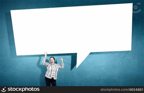 Stout woman with banner. Stout woman of middle age with blank white speech banner
