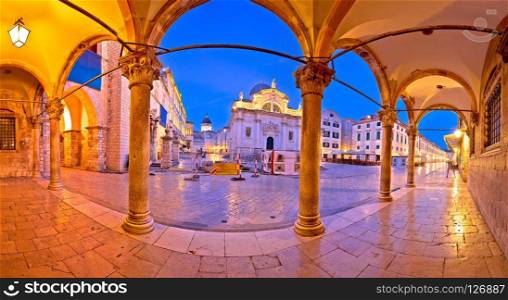 Stradun in Dubrovnik arches and landmarks panoramic view at dawn, Dalmatia region of Croatia
