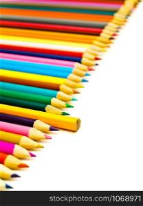 Straight Row Of The Multicolored Pencils With One Another Against The White Background. Pencils