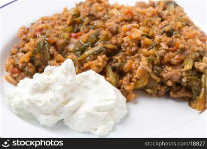 Strained yogurt with home-cooked minced beef and spinach, a popular comfort food.