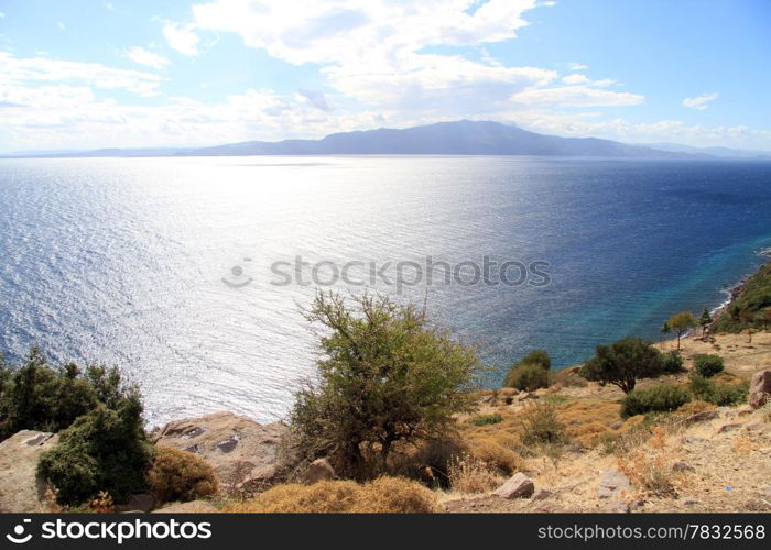 Strait Edermit and island Lesbos from Assos, Turkey