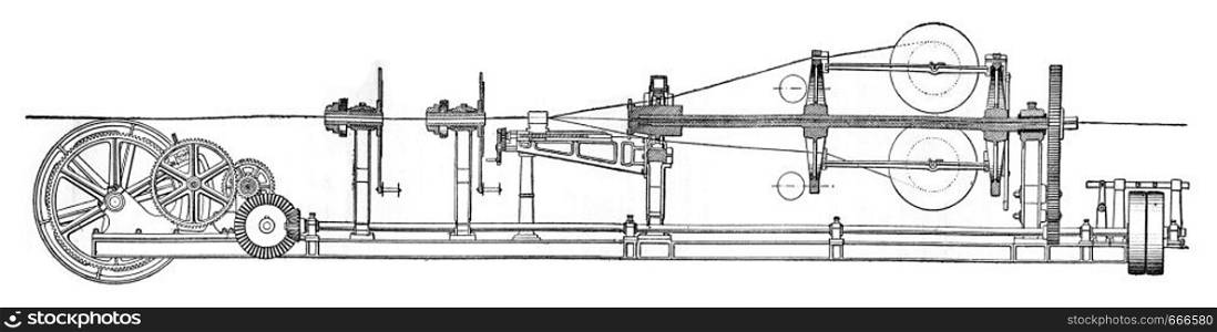 Stranding machine, vintage engraved illustration. Industrial encyclopedia E.-O. Lami - 1875.
