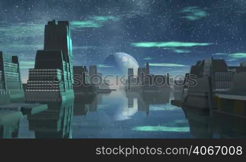 Strange buildings stand in the middle of the water. In the dark starry sky is a huge blue planet and floating clouds. They are reflected in the water. The planet is fast approaching.