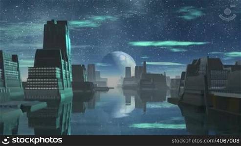 Strange buildings stand in the middle of the water. In the dark starry sky is a huge blue planet and floating clouds. They are reflected in the water. The planet is fast approaching.