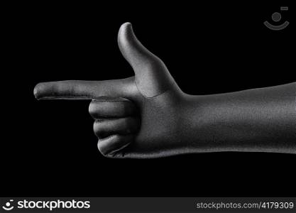 Strange gloved hand pointing with a finger