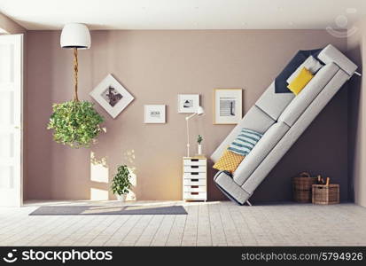 strange living room interior. 3d design concept