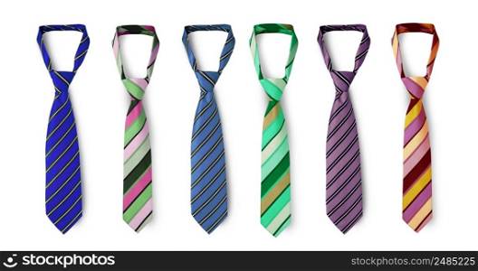 Strapped neckties in different colors, men&rsquo;s striped ties. Isolated on white background