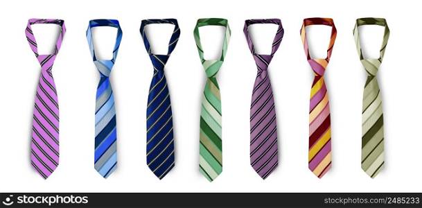 Strapped neckties in different colors, men&rsquo;s striped ties. Isolated on white background