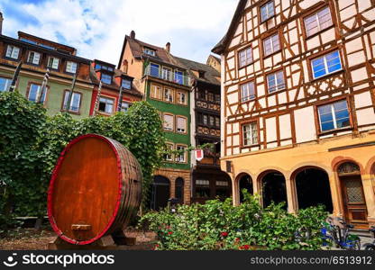 Strasbourg Place des Tripiers wooden barrel in Alsace France. Strasbourg Place des Tripiers in France