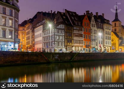 Strasbourg. Quay St. Nicholas.. Scenic view of the promenade of St. Nicholas in the quarter Petite France at sunset. Strasbourg. Alsace.